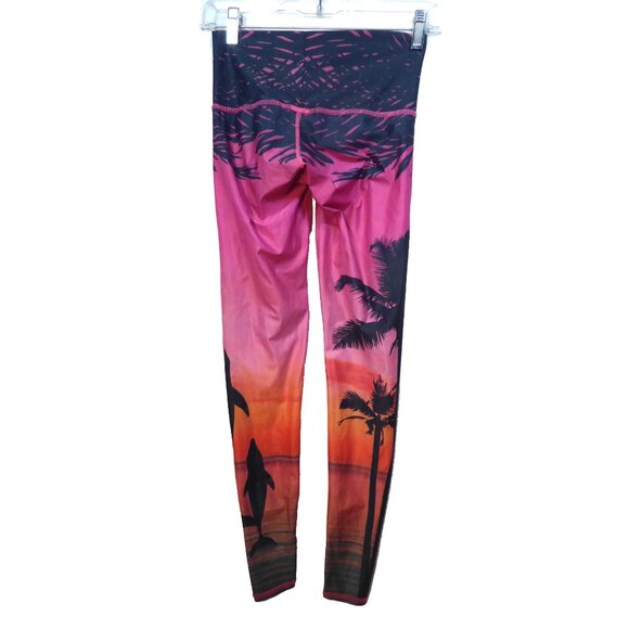Teeki Love the Adventure Hot Yoga Sunset Pink Palm Print Leggings, size X-Small - Picture 2 of 6